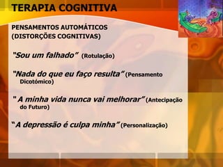 TERAPIA COGNITIVA
PENSAMENTOS AUTOMÁTICOS
(DISTORÇÕES COGNITIVAS)
“Sou um falhado” (Rotulação)
“Nada do que eu faço resulta” (Pensamento
Dicotómico)
“ A minha vida nunca vai melhorar” (Antecipação
do Futuro)
“A depressão é culpa minha” (Personalização)
 
