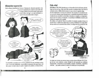 Alienación-separación
Ciertos enfoques (psicodinámicos) destacan el fenómeno de «alienación-separación» como
un proceso de apropiación de su propio ser que el niño reali-
za progresivamente. Este proceso puede resultar parcial-
mente fallido y dar lugar a un sujeto desdibujado res-
pecto del otro, poco diferenciado e inseguro.
¿QUÉ
PELíCULA TE GUSTARíA
QUE VAYAMOS
A VER...?
l ,!
; I!
I
NO SÉ ... LA QUE A VOS
TE PAREZCA MEJOR.
NUNCA
ME.HA RESULTADO
FÁCIL DARME
CUENTA ...
En psicoanálisis se considera que la evolución satisfactoria de este movimiento conduce
a una «construcción subjetivante», que posibilita la emergencia del propio deseo y del
decir propio. Se trata de dejar de quedar atrapado en las palabras o el deseo del Otro.
38
Cido vital
Erik Erikson (1902-1994) planteaba que en el desarrollo del ciclo vital humano cabe dis-
tinguir una serie de fases. Cada una de ellas presenta un problema básico cuya forma de
resolución (exitoso o fallida) afecta la manera en que, se encara la siguiente etapa.
Una fase fundamental es el proceso de socialización. Este responde a la necesidad de cons-
truir una red de relaciones copaz de proporcionar un sentimiento de pertenencia a todos los
miembros de una comunidad. los niños deben «domesticar sus impulsos y su imag~nación»,
para lo cual se los expone a la educación y al aprendizaje de habilidades necesarias para
satisfacer las exigencias de la sociedad.
Más adelante, en la pubertad, florece la sexualidad y los impulsos asociados al desee y la
atracción fisica. la adolescencia implico luego un proceso de definición de la propio identi-
dad que culmina con la asunción de roles sociales y la configuración de un proyecto de vida.
• ~;: # ~ •.••'~:' • •••• - ~ -~. • .'. ..' " " ••
,
•
LOS SERES HUMANOS
REQUIEREN UN ADECUADO
EQUIl.IBRIO ENTRE l.A NECESIDAD DE
ESTABILIDAD Y LA DE CAMBIO,
PARA SU NORMAl.
DESARROLLO.
ESE EQUILIBRIO
NO ES FÁCIl.. DE l..OGRAR,
Y CUANDO SE QUIEBRfo.
APARECE UNA
«CRISIS».
II
I
ca,--=-:~
~
las etapas que atmviesa uno persona siempre entrañan alguna dificultad. Pero al mar-
gen de esas «crisis evolutivas», existen infinidad de otros generados por prob:emas
interpersonales, caraCterísticos de personalidad, propósitos insatisfechos, expectativas
culturales ... que pueden constituir un motlvo de consulta paro uno psicoterapia.
39
 