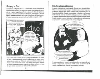 El otro y el Otro
Lacan diferencio un Pequeño otro (<<o»)de un Gran Otro (<<A»).El primero refiere lo
dimensión cotidiano entre el yo y el semejante. Lo estructura de esto relación estó determi-
nado por el registro imaginario, cuyo función es desconocer lo re/adón del sujeto con su
propio deseo y dar sostén o sus identificaciones. ElGran Otro, por el contrario, se sitúo en el
registro sim.bólico, que es el orden del lenguaje, del «significonte» y del deseo inconscien-
te. Un tercer registro, elreal, representa aquello que lo palabra es incapaz de recubrir.
L.A DIMENSiÓN «OTRO» CONNOTA
UNA ALTERIDAD FUNDAMENTAL,
DESTACA EL CARÁCTER DE
AJENIDAD QUE EL INCONSCIENTE
LE CAUSA AL SUJETO.
¡QUÉ DIFÍCIL
QUE HABLA! PODRíA
DECIR DE UN MODO
MÁS SIMPLE QUE ES
COMO SI EL SUJETO
FUESE OTRO PARA
sí MI5JIO.
'1
!J;
'1,
loron se rebela contra la tradición filosófica y psicológica que atribuyen 01 «yo» lo facul-
tad de ser el eje que organiza y do sentido a la expetienrin; ei «yo» no es el «sujeto»,
sostiene, sino una instancia que -falsamente- pretende constituir el verdadero ser. Asi-
mismo, se resiste ateorizor en lo dirección de una eti()logía sociocultural de los trastor-
nos mentales como plantearon muchos desarrollos posfreudianos. La historia y el drama
del sujeto coinciden con el intento por cubrir uno ((falla fundamental».
86
~,
¡'
¡¡I
:1
1¡
1 Psicoterapia psicodinámica
Los terapias psicodinómicas no presentan grandes diferencias con el pskonnúiss désiro.
Ambos recurren o la interpretación poro poner sistemáticamente en evidencio los operacio-
nes defensivos del paciente. Pero, mientras las primeras suelen organizarse en torne o un
foco problemático definido, el segundo concentra lo labor en el análisis de los fenómenos
transferenciales. La psicoterapia psicodinámico de Strupp representa una modoldcd actual
de tratamiento de tiempo limitado apoyado en la teoría psicoanalítico. El obje:tivo de esto
forma de tratamiento es promover un cambio en la estructura de carácter del paciente, que
se expreso a través de relaciones interpersonales crónicos e inadaptadas.
~,,-------:-,.,
NOS CONCENTRAREMOS
EN SU FORMA DE RELACIONARSE
CON LOS OTROS. TRATE DE EXPONER
TODAS SUS DIFICULTADES EN
TÉRMINOS DE SUS RELACIONES
INTERPERSONALES.
Se recurre especialmente 01 examen de los modelos vinculares que se ponen de mani-
fiesto en lo propio relación terapéutica. La limitada duración del tratamiento (25-30
sesiones) exige que el foco de traba[o seo convenientemente explicitado.
87
 