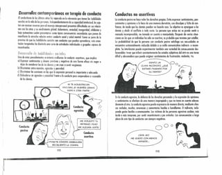 t Desarrollos contemporáneos en terapia de conducta
El conductismo de los últimos años ha reparado en la relevancia que tienen las habilidades
sociales en la vida de.les personas. Independientemente de su capacidad intelectual, lossuje-
tos con escasos recursos pora el manejo interpersonal presentan dificultades en sus relacio-
nes con los otros y su rendimiento glQbnl. Aislamiento, ansiedad, inseguridad, inhibición y
boja autoestima .suelen presentarse corno típicas consecuencias secundarios que ponen de
manifiesto la estre.cha relación entre conducla social y salud mentol. Como se parte de lo
premisa de que las habilidades sociales son conductas que pueden aprenderse, estn orien-
tación terapéutica ha. diseñado uno serie de actividades individuales o grupales repares de
incentivarlas.
D'8s~rT()IiD habmdüd$;;; scdeles
Uno de estos procedimientos se oriento o aficJIlza( lo conducta «iserñvo», que implico:
al Expresar sentimientos y deseos positivos y negativos de uno formo eficaz sin negar o
dejor de considerar los de los demás y sin crear o sentir vergüenza.
b) Discriminar entre aserción, oqresióu y pasividad.
el Discriminar las ocasiones en 105 que lo expresión personal es importante y adecuado.
d) Defenderse sin agresión o pasividad frente a la conducto pace cooperadora o razonable
de los demós. .
NI TE MOLESTES EN
EXCUSAS, ¡$I QUERÉS CENAR,
ANDÁ A OTRA PARTE!
G)1_-'"
1)
(onduda
agresiva
PONETE CÓMODO, ENSEGUIDA
RECALIENTO LA COMIDA.
112
ME MOLESTÓ TU
RETRASO, PERO
ME ALEGRA VERTE.
Conducto
asertivQ
Conductas no asertivas
lo conducta pasiva no hace valer los derechos propios. Evito expresar sentimientos, pen-
samientos y opiniones o lo hace de una manera derrotista, con disculpas y f(ílta de con-
fianzo, de modo que los demás puedan no hacerle caso. Su objetivo es apaciguar o los
demás y eludir el conflicto a todo costa. lo persono que actúo así se puede sentir o
menudo incnmprendido, no tornado en cuenta o manipulada. Después de varios situa-
ciones en las que un individuo ha sido no asertivo, es probable que termine por estallar.
lo probabilidad de que lo persono con conducto pasivo satisfago sus neresidndes se
encuentro sustancialmente reducido debido o su estilo comunicativo indirecto o incom-
pleto. Su interlocutor .puede experimentar también uno variedad de consewencias des-
favorables: tener que inferir constantemente los estados subjetivos del otro es uno toreo
difícil y abrumadora que puede originar sentimientos de frustración, molestia, ira.
SIENTO UN
CLIMA INCÓMODO. ¿QUÉ
ESTARÁ PASANDO POR
SU MENTE?
En lo conducto agresivo, lo defensa de los derechos personales y lo expresión de opiniones
o sentimientos se efectúan de uno manera inapropiado y que no tomo en cuenta adecua-
damente al otro. Loconducto agresivo puede expresarse de manera directa, mediante ofen-
sas verbales, insultos, amenazas y comentarios hostiles o humillantes. O indirecto, inclu-
yendo gestos hostiles o amenazantes. Las víctimas de los personas agresivos ac.aban, más
tarde o mós temprano, por sentir resentimiento y por evitar/as. Los ronsecoencos o largo
plazo de este tipo de conductos son siempre negativos.
0°0
CADA VEZ
ME QUEDO CON MENOS
AMIGOS."
113
 