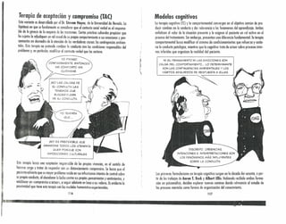 Terapia de aceptación y compromiso (lAC)
Esta variante es desarrollada por el Dr. Steven Hoyes, de la Universidad de Nevada. la
hipótesis en que se fundamenta es considerar que el contexto social verbal es el responsa-
ble de lo génesis de la mayoría de los trastornos. Ciertas prócticas cullurales propician que
los sujetos le adjudiquen un rol causal de su propio comportamiento a sus emociones y pen-
samientos en desmedro de la atención de las verdaderas causas: las contingencias ambien-
tales. Esta terapia no pretende cambiar la conducta sino las condiciones responsables del
problema y, en particular,modificar el contexto verbal que las sostiene. :,
Modelos cognitivos
La terapia cognitiva (Te) y lo comportamental convergen en el objetivo común de pro-
ducir cambios en la conducto y dar relevancia a los fenómenos del aprendizaje. Ambos
enfatizan el valor de la situación presente y le asignan al paciente un rol activo en el
proceso del tratamiento. Sin embargo, presentan una diferencia fundamental: la terapia
comportamental busca modificar el sistema de condicionamientos que refuerzo y sostie-
ne la conducta patológica, mientras que lo cognitiva trata de actuar sobre procesos inter-
nos inferidos que organizan la realidad del paciente.
YO PIENSO
CONFIADAMENTE. ENTONCES
ME COMPORTO SIN
CUIDARME.
NI EL PENSAMIENTO NI LAS EMOCIONES SON
CAUSA DEL COMPORTAMIENTO ... LO DETERMINANTE
SON LAS CONTINGENCIAS AMBIENTALES Y LOS
HÁBITOS ADQUIRIDOS DE RESPUESTA A ELLAS.
,NO' LAS CAUSAS DE
SU CONDUCTA l..AS
TENEMOS QUE
BUSCAR FUERA
DE SU CONDUCTA.
YO TENDRíA
QUE ....
¡NO' ES PREFERIBl..E QUE
ABANDONE TODOS LOS «TENDRíA
QUE» PORQUE SON
IMPOSICIONES CUl..TURAl..ES
Esta teropia busca uno aceptación responsable de las propias vivencias, en el sentido de
hacerse cargo y tratar de responder con un distanciamiento comprensivo. Se busca que el
paIiente advierto que su mayor problema reside en sus infructuosos intentos de controi sobre
su propia conducta, 01 abandonar la lucha contra sus propias pensamientos y sentimientos, y
establecer un «compromiso a actuar», a seguir adelante en base o SU5 valores. Esevidente lo
proximidad que tiene esta terapia con los modelos humanístiw-experienciales.
116
las primeras formulaciones en terapia cognitiva surgen en la década dei sesenta, a par-
tir de los trabajos de Aaron T. Beck y Albert Ellis. Habiendo recibido ambos forma-
ción en pskonnóllss, deciden explorar nuevos caminos dando relsvnndn al estudio de
los procesos mentales como formas de organización del conocimiento.
117
; • . .• ~~~..l ,"'"". • .'. ..•• I • ,. • .' • I
 