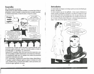 Antecedentes
Las nociones afines más antiguas con el enfoque cognitivo provienen de la filosofía grie-
ga estoica y del budismo.
Los estoicos proponían que una vide: equilibrada y virtuosa requería el dominio de lo
emoción insensata y perturbadora. Para Epícteto, estos pasiones se originan en la visión
que los hombres tienen de los acontecimientos que viven, mós que en éstos por sí mis-
mos. En consecuencia, uno visión inapropiado podrío ser sustituida por otro mós racio-
nal. En Oriente, la filosofía de Buda afirma que el sufrimiento humano deriva de sus
apegos. Y éstos, de una visión engañosa, ilusoria, de la realidad.
Desarrollos
Beck y Ellis presentan una nueva tesis:
Aquellas personas que padecen desórdenes psicológicos se encuentran bajo el influio de
pensamientos y creen tías irracionales o erróneas que afectan sus estados emocionales,
sus relaciones interpersonales, la visión del mundo y la ímagen de si mismos.
(
!
).
/'l'
I~) / ; .
! ! ¡ j 
í I i ,
;
1 Y--
!
i .~
1
1
,'1
,
¿CUÁl.. SERíA
PARA USTEDES El..
OBJETIVO DE l..A TERAPIA
COGNITIVA?
MODIFICAR l..OS
PENSAMIENTOS
(COGN ICIONES)
IRRACIONAl..ES.
EXAMINANDO Y PONIENDO
SISTEMÁTICAMENTE A PRUEBA
L.A RACIONAl..IDAD y l..A VALIDEZ
DEl.AS CREENCIAS DE l..OS
PACIENTES QUE SE
ENCUENTRAN l..IGADAS A SUS
TEMAS PROBl..EMÁ TICOS.
¿Y COMO
RESUl..TARíA POSIBl.E
HACERl..O?
 )
En los últimos años, las terapias cognitivas han tenido un importante desarrollo, Parale-
lamente han surgido variantes que, a pesar de su diversidad, pueden ser incluidos en
dos grandes grupos: Te «rcdonolistos» y Te «constructivistas»,
Elgrupo de las Te «racionalistas)) (Beck y Ellis) tomó la linea de las ciencias duras y mano
tiene como paradigma el modelo computacional de «procesamiento de la información».
Los comportamientos tienden aquí a ser explicados como producto del procesamiento
secuencial de III información que se recibe.
LosTe «constructivistas», de aparición más reciente (Villorio Guidano, Michael Mahoney,
O. Gon~alvez), conciben la dimensión cognitiva en relación a la dinómica de la esfera
social, y al hombre mismo, un «constructor de la realidad», desde su permanente y esen-
cial acción de asignar significado a los eventos.
118
í . i
- ~ - -- • - .~ - - - - --, - - - -- - - • • ". ' ". " ''':~':.' ", .: *, .' '-.
r
l..A ARMONíA
DE IDEAS CON El.. MUNDO SE
ACOMPAÑA CON EQUIl..JBRIO
______ INTERIOR. .
~------
./ -: et, SUFRIMIENTO
HUMANO ES INHERENTE A TAl.. COMO
PENSAMOS l..A ESTRUCTURA
DEl.. MUNDO.
119
-
 