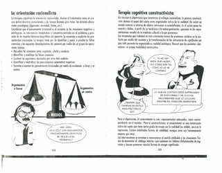 La orientación racionalista
Lasterapias cognifivasde orienmción mríomlstes, diseñen el tratamiento como un pro-
ceso activo directivo, esírudurcdo y de tiempo limitado para tratar los distintas altera-
ciones psicológicas (depresión, ansiedad, fobias, ett.).
(cnsiderqn que el pensamiento irracional es el causante de las emociones negativas y
patológicos. La intervención terupéutirn se encuentra centrada en el problema y pres-
cinde de los aspectos histórico-biográficos del paciente. Se encamina a explicitar los pen-
somientos innriennles.In terapia tiene por fin identificar y poner a prueba las falsas
creencias y 105 supuestos desadaptativos del paciente por medio de un grupo de opera-
ciones básicas:
• Descubrir las relaciones entre cognición, afecto y conducta.
• Identificar y modifirnr las falsas creencias.
• Sustiíuir las coqnidones desviados por otros más realistas.
• Identificar y neutralizar los pensamientos automáticos negativos.
• Someter o examen los pensamientos irracionales por medio de evidencias a favor y en
onírn.
Terapia (ognitiva construdivista
En reacción al objetivismo que caracteriza al enfoque racionalista, la postura constructi-
vista destaca el papel del sujeto como organizador activo de la realidad. No existe un
mundo externo ni interno de objetos intrínsecos ni autodefinidos. Es el su!eto quien los
recorto y define, a partir de su tendencia o lo autoorgonización. apoyado en los repre-
sentaciones sociales de lo tradición cultural a lo que pertenece.
Los terapeutas que trabajan en esta orientación tratan de promover cambios en la con-
ducta por medio del examen y la transformación de las estructuras de significado con
que cada paciente ha organizado su realidad patológ ica. Buscan que los pacientes «des-
cubran» su propia modalidad constructiva.
~
~
.~;~~/J".~~ !
.' ,
/ .l~~" (l.
Y... YA NO HAY
NADA QUE HACER ...
LAS COSAS SON TAL
COMO YO LE HE
CONTADO.
¿TENDRíA QUE
CAMBIAR DE ESTILO
ARQUITECTÓNICO ...
NO?
LO QUE HA CONTADO ESTÁ IMPPEGNADO
DE EMOCIONES Y DE ,JUICIOS
RECURRENTES QUE LO COLOCAN
SIEMPRE EN POSICIÓN DERPOTISTA.
("
I
Para el objetivismo, el conocimiento es una «representación adecuada», iiene «corres-
pondencia ron el mundo». Para el constructivismo, el conocimientc es una construcción
activa del sujeto que tiene cierto grado de encaje con la realidad (es viable), pero no la
representa. Existen indefinidas formas de viabilidad, aunque unas son humanamente
mejores que otras.
Las intervenciones se orientan a reestructurar el sentido atribuido a las situoclones. Tra-
tan de desmontar el «diálogo interno» que sostienen sus hábitos disfundonales de cog-
nición y buscan promover nuevas formas de otorgar significado.
125
~-~: «NO CRé:O
QUE SOLO CON ARGUMENTOS
PRESUNTAMENTE OBlETIVOS
SE RESUELVA EL
PROBLEMA»
124
:1¡¡'t.~VJ.:;'~'¡,· . " /t: " .' .. ' ',' : ", " ..' • .' '.
 