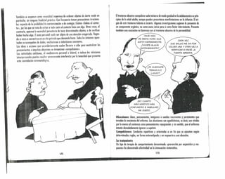 ~ ..
I
También se expresan como necesidad imperiosa de ordenor objetos de cierto modo en
particular, sin ninguna finalidad próctica. Con frecuencia toman precauciones inaciona-
les respecto de la posibilidad de contaminación o de contagio. Existen «fobios al contac-
to», por la.s que se trata de evitar a toda costa el contacto físico con a.lgo. Otras vec~~, al
contrario, aparece la necesidad perentoria de tocar determinados obletos, o de verificar
haber hecho algo. Elaseo personal suele ser objeto de una atención exagerada, llegan-
do o veces a convertirse en un rito privado que demanda horas. Todos los síntomas apun-
todos se acompañan de dudas, vacilaciones e indecisiones constantes.
las ideas °acciones que secundariamente suelen llevarse a cobo para neutralizar los
pensamientos o impulsos obsesivos se denominan «compulsiones».
las actividades cotidianas, el rendimiento personal o laboral, e incluso las relaciones
interpersonales pueden resultar severamente interferidas por la tenacidad que presenta
esta constelación sintomatológica.
..--.- ..... "
.....•.......
172
•
Eltrastorno obsesivo-compulsivo suele iniciarse de modo gradual en la adolescencia o a prin-
cipios de la edad adulta, aunque pueden presentarse manifestaciones en la infancia. Elori-
gen de este trastorno todavía es incierto. Algunos investigaciones sugieren la presencia de
un componente orgánico, no como cousa único pero sí como factor interviniente. Presenta
también una asociación no biunívoco con el trastorno obsesivo de lo personalidad.
HACE MÁS
DE MEDIA HORA QUE
ESTOY ESPERÁNDOTE.
¿TUVISTE ALGÚN
INCONVENIENTE?
CADA VEZ
QUE SALGO ME DA POR
VOLVER UNA Y OTRA VEZ A
VERIFICAR 51 DEJÉ LA
PUERTA ABIERTA.
1
¡
!
1
. !
I
¡NO! CUANTO
MÁS VERIFICO MÁS
CONFUNDIDO E INSEGURO
ME QUEDO,
Obsesiones: Ideas, pensamientos, imágenes o sonidos recurrentes y persistentes que
invaden lo conciencia del enfermo. las obsesiones son egodistónicas, es decir, son vividos
por lo menos al comienzo como pensamientos repugnantes y sin sentido, que el enfermo
intento denodadamente ignorar o suprimir.
Compulsiones: Conductas repetitivas y orientadas a un fin que se ejecutan según
determinadas reglas, en forma estereotipado y en respuesto o uno obsesión.
Su tratamiento
Un tipo de terapia de comportamiento denominada «prevención por exposición y res-
puesta» ha demostrado efectividad en la 'atenuación sintomático.
173
I
1
 