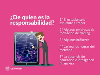 ¿De quien es la
responsabilidad?
1º El estudiante o
aspirante a trader
2º Algunas empresas de
formación de trading
3º Algunos brókeres
4º Las manos negras del
mercado
5º La ausencia de
educación e inteligencia
financiera
 