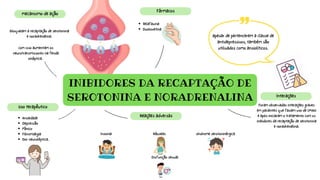 INIBIDORES DA RECAPTAÇÃO DE
SEROTONINA E NORADRENALINA
Bloqueiam a recaptação de serotonina
e noradrenalina.
com isso aumentam os
neurotransmissores na fenda
sináptica.
mecanismo de ação
Fármacos
Velafaxina
Duoloxetina
apesar de pertencerem a classe de
antidepressivos, também são
utilizados como ansiolíticos.
Interações
Foram observadas interações graves
em pacientes que faziam uso de IMAO
e após iniciaram o tratamento com os
inibidores da recaptação de serotonina
e noradrenalina.
Uso terapêutico
Ansiedade
Depressão
Pânico
Fibromialgia
Dor neuroléptica.
Reações adversas
Insonia Náuseas síndrome serotoninérgica
Disfunção sexual
 