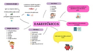 BARBITÚRICOS
prolongando a abertura do canal de
cloreto.
mecanismo de ação
Agem nos receptores GABA A.
POTENCIALIZANDO a ação do GABA diminuindo a atividade neural
os barbitúricos também bloqueiam o
receptores excitatórios glutamato.
Uso clínico
Anestesia
Convulsões
Insônia
ansiedade
os barbitúricos induzem a tolerância e
dependência física e abstinência
grave.
todos os barbitúricos são substancias
controladas.
Reações adversas
Potencial de abuso
sonolência
náusea
tremores
vertigem
indução enzimática
Fármacos
Fenobarbital
Ação longa (1-2 dias)
Pentobarbital
Secobarbital
Amobarbital
Ação curta (3-8 h)
Tiopental
Ação ultracurta (20 min)
Pode causar intoxicação, overdose e
morte.
 