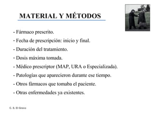 MATERIAL Y MÉTODOS - Fármaco prescrito. Fecha de prescripción: inicio y final. - Duración del tratamiento. Dosis máxima tomada. - Médico prescriptor (MAP, URA o Especializada). - Patologías que aparecieron durante ese tiempo.  - Otros fármacos que tomaba el paciente. - Otras enfermedades ya existentes. 