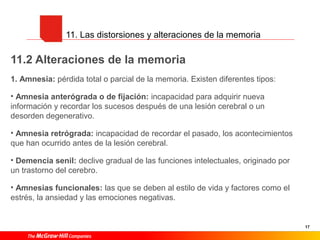 17
11. Las distorsiones y alteraciones de la memoria
11.2 Alteraciones de la memoria
1. Amnesia: pérdida total o parcial de la memoria. Existen diferentes tipos:
• Amnesia anterógrada o de fijación: incapacidad para adquirir nueva
información y recordar los sucesos después de una lesión cerebral o un
desorden degenerativo.
• Amnesia retrógrada: incapacidad de recordar el pasado, los acontecimientos
que han ocurrido antes de la lesión cerebral.
• Demencia senil: declive gradual de las funciones intelectuales, originado por
un trastorno del cerebro.
• Amnesias funcionales: las que se deben al estilo de vida y factores como el
estrés, la ansiedad y las emociones negativas.
 