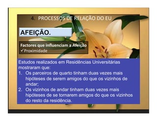 4.  PROCESSOS	
  DE	
  RELAÇÃO	
  DO	
  EU	
  



Factores	
  que	
  inﬂuenciam	
  a	
  Afeição	
  
 Proximidade	
  

Estudos realizados em Residências Universitárias
mostraram que:
1.  Os parceiros de quarto tinham duas vezes mais
    hipóteses de serem amigos do que os vizinhos de
    andar;
2.  Os vizinhos de andar tinham duas vezes mais
    hipóteses de se tornarem amigos do que os vizinhos
    do resto da residência.
                                                         4	
  
 