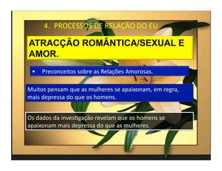 4.  PROCESSOS	
  DE	
  RELAÇÃO	
  DO	
  EU	
  




  •  Preconceitos	
  sobre	
  as	
  Relações	
  Amorosas.	
  

Muitos	
  pensam	
  que	
  as	
  mulheres	
  se	
  apaixonam,	
  em	
  regra,	
  
mais	
  depressa	
  do	
  que	
  os	
  homens.	
  


Os	
  dados	
  da	
  invesMgação	
  revelam	
  que	
  os	
  homens	
  se	
  
apaixonam	
  mais	
  depressa	
  do	
  que	
  as	
  mulheres.	
  



                                                                                    4	
  
 