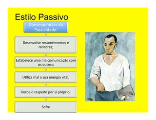 Estilo Passivo
           Consequências	
  da	
  
             Passividade:	
  

     Desenvolve	
  ressen=mentos	
  e	
  
              rancores;	
  


Estabelece	
  uma	
  má	
  comunicação	
  com	
  
                os	
  outros;	
  


     U=liza	
  mal	
  a	
  sua	
  energia	
  vital;	
  


    Perde	
  o	
  respeito	
  por	
  si	
  próprio;	
  


                         Sofre	
  
 