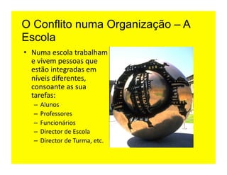 O Conflito numa Organização – A
Escola
•  Numa	
  escola	
  trabalham	
  
   e	
  vivem	
  pessoas	
  que	
  
   estão	
  integradas	
  em	
  
   níveis	
  diferentes,	
  
   consoante	
  as	
  sua	
  
   tarefas:	
  	
  
    –  Alunos	
  
    –  Professores	
  
    –  Funcionários	
  
    –  Director	
  de	
  Escola	
  
    –  Director	
  de	
  Turma,	
  etc.	
  
 
