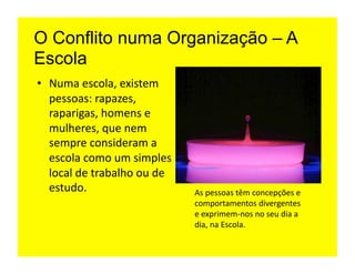 O Conflito numa Organização – A
Escola
•  Numa	
  escola,	
  existem	
  
   pessoas:	
  rapazes,	
  
   raparigas,	
  homens	
  e	
  
   mulheres,	
  que	
  nem	
  
   sempre	
  consideram	
  a	
  
   escola	
  como	
  um	
  simples	
  
   local	
  de	
  trabalho	
  ou	
  de	
  
   estudo.	
                                 As	
  pessoas	
  têm	
  concepções	
  e	
  
                                             comportamentos	
  divergentes	
  
                                             e	
  exprimem-­‐nos	
  no	
  seu	
  dia	
  a	
  
                                             dia,	
  na	
  Escola.	
  
 