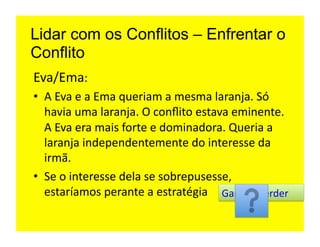 Lidar com os Conflitos – Enfrentar o
Conflito
Eva/Ema:	
  
•  A	
  Eva	
  e	
  a	
  Ema	
  queriam	
  a	
  mesma	
  laranja.	
  Só	
  
   havia	
  uma	
  laranja.	
  O	
  conﬂito	
  estava	
  eminente.	
  
   A	
  Eva	
  era	
  mais	
  forte	
  e	
  dominadora.	
  Queria	
  a	
  
   laranja	
  independentemente	
  do	
  interesse	
  da	
  
   irmã.	
  
•  Se	
  o	
  interesse	
  dela	
  se	
  sobrepusesse,	
  
   estaríamos	
  perante	
  a	
  estratégia	
  	
   Ganhar-­‐Perder	
  
 