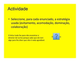 Actividade

•  Seleccione,	
  para	
  cada	
  enunciado,	
  a	
  estratégia	
  
   usada	
  (evitamento,	
  acomodação,	
  dominação,	
  
   colaboração)	
  	
  

O	
  Artur	
  tudo	
  faz	
  para	
  não	
  encontrar	
  o	
  
                                                                                Evitamento	
  
director	
  de	
  turma	
  porque	
  sabe	
  que	
  ele	
  tem	
  
algo	
  para	
  lhe	
  dizer	
  que	
  não	
  é	
  nada	
  agradável.	
  	
  
 