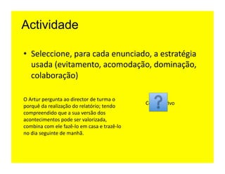 Actividade

•  Seleccione,	
  para	
  cada	
  enunciado,	
  a	
  estratégia	
  
   usada	
  (evitamento,	
  acomodação,	
  dominação,	
  
   colaboração)	
  	
  

O	
  Artur	
  pergunta	
  ao	
  director	
  de	
  turma	
  o	
  
                                                                          Colabora=vo	
  
porquê	
  da	
  realização	
  do	
  relatório;	
  tendo	
  
compreendido	
  que	
  a	
  sua	
  versão	
  dos	
  
acontecimentos	
  pode	
  ser	
  valorizada,	
  
combina	
  com	
  ele	
  fazê-­‐lo	
  em	
  casa	
  e	
  trazê-­‐lo	
  
no	
  dia	
  seguinte	
  de	
  manhã.	
  	
  
 