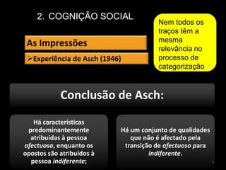 COGNIÇÃO SOCIALA categorização é um processo subjacente às impressõesAs ImpressõesAtravés da impressão, torna-se possível organizar a informação disponível de outra pessoa numa categoria significativa para nós;