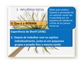 3.  INFLUÊNCIA	
  SOCIAL	
             Efeito auto-cinético:
                                             Quando a percepção de
                                             um estímulo visual não
                                             é suportada por um
                                             esquema de referência,
                                             a fonte de luz parece
                                             mover-se

Experiência	
  de	
  Sherif	
  (1936):	
  
3.  Depois	
  de	
  trabalhar	
  com	
  os	
  sujeitos	
  
    individualmente,	
  junta-­‐os	
  em	
  pequenos	
  
    grupos	
  e	
  propõe-­‐lhes	
  a	
  mesma	
  tarefa.	
  



                                                                      4	
  
 