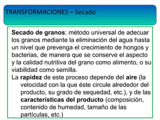 TRANSFORMACIONES – Secado
Secado de granos: método universal de adecuar
los granos mediante la eliminación del agua hasta
un nivel que prevenga el crecimiento de hongos y
bacterias, de manera que se conserve el aspecto
y la calidad nutritiva del grano como alimento, o su
viabilidad como semilla.
La rapidez de este proceso depende del aire (la
velocidad con la que éste circule alrededor del
producto, su grado de sequedad, etc.), y de las
características del producto (composición,
contenido de humedad, tamaño de las
partículas, etc.)
 