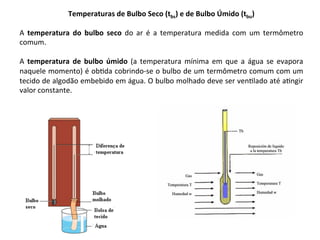Temperaturas	de	Bulbo	Seco	(tbs)	e	de	Bulbo	Úmido	(tbu)	
	
A	 temperatura	 do	 bulbo	 seco	 do	 ar	 é	 a	 temperatura	 medida	 com	 um	 termômetro	
comum.	
	
A	 temperatura	 de	 bulbo	 úmido	 (a	 temperatura	 mínima	 em	 que	 a	 água	 se	 evapora	
naquele	momento)	é	obKda	cobrindo-se	o	bulbo	de	um	termômetro	comum	com	um	
tecido	de	algodão	embebido	em	água.	O	bulbo	molhado	deve	ser	venKlado	até	aKngir	
valor	constante.	
 