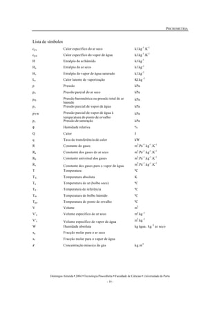 PSICROMETRIA 
Lista de símbolos 
cpa Calor específico do ar seco kJ.kg-1.K-1 
cpw Calor específico do vapor de água kJ.kg-1.K-1 
H Entalpia do ar húmido kJ.kg-1 
Ha Entalpia do ar seco kJ.kg-1 
Hv Entalpia do vapor de água saturado kJ.kg-1 
Lv Calor latente de vaporização KJ.kg -1 
p Pressão kPa 
pa Pressão parcial do ar seco kPa 
pB Pressão barométrica ou pressão total do ar 
Domingos Almeida · 2004 · Tecnologia Pós-colheita · Faculdade de Ciências · Universidade do Porto 
- 14 - 
húmido 
kPa 
pv Pressão parcial de vapor de água kPa 
pvw Pressão parcial de vapor de água à 
temperatura do ponto de orvalho 
kPa 
ps Pressão de saturação kPa 
f Humidade relativa % 
Q Calor J 
q Taxa de transferência de calor kW 
R Constante do gases m3.Pa-1.kg-1.K-1 
Ra Constante dos gases do ar seco m3.Pa-1.kg-1.K-1 
R0 Constante universal dos gases m3.Pa-1.kg-1.K-1 
Rv Constante dos gases para o vapor de água m3.Pa-1.kg-1.K-1 
T Temperatura ºC 
TA Temperatura absoluta K 
Ta Temperatura do ar (bolbo seco) ºC 
T0 Temperatura de referência ºC 
Tm Temperatura do bolbo húmido ºC 
Tpo Temperatura do ponto de orvalho ºC 
V Volume m3 
V’a Volume específico do ar seco m3.kg -1 
V’v Volume específico do vapor de água m3.kg -1 
W Humidade absoluta kg água . kg -1 ar seco 
xa Fracção molar para o ar seco 
xv Fracção molar para o vapor de água 
r Concentração mássica do gás kg.m-3 
 