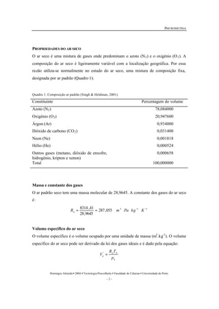 PSICROMETRIA 
PROPRIEDADES DO AR SECO 
O ar seco é uma mistura de gases onde predominam o azoto (N2) e o oxigénio (O 2). A 
composição do ar seco é ligeiramente variável com a localização geográfica. Por essa 
razão utiliza-se normalmente no estudo do ar seco, uma mistura de composição fixa, 
designada por ar padrão (Quadro 1). 
Quadro 1. Composição ar padrão (Singh & Heldman, 2001). 
Constituinte Percentagem do volume 
Azoto (N2) 78,084000 
Oxigénio (O2) 20,947600 
Árgon (Ar) 0,934000 
Dióxido de carbono (CO2) 0,031400 
Neon (Ne) 0,001818 
Hélio (He) 0,000524 
Outros gases (metano, dióxido de enxofre, 
hidrogénio, kripton e xenon) 
R = 8314 ,41 = m × Pa × kg- × K - a 
R T 
a A 
V ' = 
Domingos Almeida · 2004 · Tecnologia Pós-colheita · Faculdade de Ciências · Universidade do Porto 
- 2 - 
0,000658 
Total 100,000000 
Massa e constante dos gases 
O ar padrão seco tem uma massa molecular de 28,9645. A constante dos gases do ar seco 
é: 
287,055 3 1 1 
28,9645 
Volume específico do ar seco 
O volume específico é o volume ocupado por uma unidade de massa (m3.kg-1). O volume 
específico do ar seco pode ser derivado da lei dos gases ideais e é dado pela equação: 
a 
a p 
 