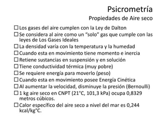 Psicrometría
Propiedades de Aire seco
Los gases del aire cumplen con la Ley de Dalton
Se considera al aire como un “solo” gas que cumple con las
leyes de Los Gases Ideales
La densidad varía con la temperatura y la humedad
Cuando esta en movimiento tiene momento e inercia
Retiene sustancias en suspensión y en solución
Tiene conductividad térmica (muy pobre)
Se requiere energía para moverlo (peso)
Cuando esta en movimiento posee Energía Cinética
Al aumentar la velocidad, disminuye la presión (Bernoulli)
1 kg aire seco en CNPT (21°C, 101,3 kPa) ocupa 0,8329
metros cúbicos.
Calor específico del aire seco a nivel del mar es 0,244
kcal/kg°C.
 
