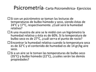 Psicrometría- Carta Psicrométrica- Ejercicios
Si con un psicrómetro se toman las lecturas de
temperaturas de bulbo húmedo y seco, siendo éstas de
24°C y 17°C, respectivamente. ¿Cuál será la humedad
relativa?
A una muestra de aire se le midió con un higrómetro la
humedad relativa y ésta es de 60%. Si la temperatura de
bulbo seco es de 27°C, ¿cuál ser+a el punto de rocío?
Encontrar la humedad relativa cuando la temperatura seca
es de 32°C y el contenido de humedad es de 14 gr/kg aire
seco.
Si a un aire se le toman las temperaturas de bulbo seco
(35°C) y bulbo húmedo (22°C), ¿cuáles serán las demás
propiedades?
 