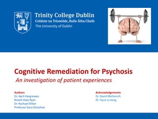 Cognitive Remediation for Psychosis
An investigation of patient experiences
Authors
Dr. April Hargreaves
Niamh Daly Ryan
Dr. Rachael Dillon
Professor Gary Donohoe
Acknowledgements
Dr. David Mothersill,
Dr. Hyun Ju Kang
 