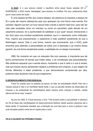 32
O EGO: é o que procura manter o equilíbrio entre essas forças opostas (ID e
SUPEREGO), o EGO monta “estratégias” para resolver os conflitos. Por isso, poderíamos dizer
que é nosso senso de razão.
É uma espécie de filtro dos nossos desejos, ele seleciona os impulsos e desejos do
ID e pode até mesmo disfarçá-los para que apareçam de uma forma mais branda. Por
exemplo: Alguém que tem um furor sexual inato e tende a reprimir este furor, para não ser
visto pela sociedade como um maníaco ou como um pervertido; pode através de um
casamento precoce, ter a oportunidade de satisfazer a sua “gula” sexual, direcionando o
seu furor para uma conduta socialmente aceitável, que é o casamento como instituição.
Pois, mesmo que precocemente, o casamento é mais aceitável socialmente do que a
libertinagem sexual. Esta é uma forma, mesmo que inconsciente, que o EGO, pode
encontrar para defender a personalidade de sofrer com a repressão e ao mesmo tempo
garantir, de uma forma socialmente aceita, a satisfação de um desejo inconsciente.
OBS: No momento em que um educador lida com pessoas, é importante que ele
tenha conhecimento de teorias que tratam delas, e da constituição das personalidades.
Não podemos esquecer que a escola educa, mostrando o que é certo e o que é errado,
mas que nossos alunos apresentam desejos e problemas bem próprios, e que reagem de
formas diferentes a estes problemas, e que demonstrando compreensão por eles,
podemos estar ajudando mais do que imaginamos.
O DESENVOLVIMENTO PSICOSSEXUAL
Freud foi ousado para os padrões da época, ao falar de sexualidade infantil. Para ele o
impulso sexual é nato e se manifesta desde bebê; o que se percebe através da observação de
crianças e da similaridade de manifestações deste impulso entre crianças e adultos, nestes
últimos de forma mais “madura”.
No ano de 1905, S. Freud escreveu o livro “Três ensaios sobre a sexualidade” e distribuiu
em 05 as fases das manifestações do desenvolvimento libidinal, desde quando nascemos até a
idade adulta. É importante ressaltar que a transição de uma fase para a outra é gradual e que
suas durações podem variar de um sujeito para o outro.
VEJA O QUADRO NA PRÓXIMA PÁGINA
 