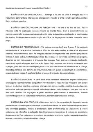 63
As etapas do desenvolvimento segundo Henri Wallon:
ESTÁGIO IMPULSIVO-EMOCIONAL - Abrange o 1o ano de vida. A emoção aqui é o
instrumento dominante na interação da criança com o mundo. O afeto se nutre pelo olhar, contato
físico, posturas e gestos.
ESTÁGIO SENSÓRIO-MOTOR OU PERCEPTIVO – Vai até o 3o ano de vida. Aqui o
interesse está na exploração sensório-motora do mundo físico. Com o desenvolvimento da
marcha e preensão a criança vai desenvolvendo maior autonomia na exploração e manipulação
de objetos. O desenvolvimento da função simbólica da linguagem é também marcante nesta
etapa.
ESTÁGIO DO PERSONALISMO – Vai mais ou menos dos 3 aos 6 anos. A formação da
personalidade é característica desta etapa. Com as interações sociais a criança vai adquirindo
cada vez mais consciência de si. As relações afetivas são importantes e se exprime por palavras
e ideias. A troca afetiva, nesta fase já pode se dar, ou seja, ser percebida a distância (linguagem),
deixando de ser indispensável a presença das pessoas. Aqui aparece a imitação inteligente,
construindo significados para a própria ação. Nessa fase, a criança está voltada novamente para
si própria, para isso coloca-se em oposição ao outro num mecanismo de diferenciar-se. A criança,
mediada pela fala e pelo domínio do "meu/minha", faz com que as ideias atinjam o sentimento de
propriedade das coisas. A tarefa central do processo é formação da personalidade.
ESTÁGIO CATEGORIAL - A partir dos 6 anos processos intelectuais dirigem a atenção da
criança para o conhecimento e conquista do mundo externo. Nesta fase as interações com o meio
tem um predomínio cognitivo, a criança interage mais com o mundo e realiza descobertas mais
elaboradas, pois seu pensamento está mais desenvolvido, mais simbólico, uma vez que ela já
tem certo domínio da linguagem e pode expressar pensamentos e sentimentos, mesmo
sentimentos podem ser elaborados mentalmente, teorizam sobre relações afetivas.
ESTÁGIO DA ADOLESCÊNCIA - Marca um período de nova definição dos contornos da
personalidade, tomados por modificações corporais resultantes de ações hormonais que trazem à
tona questões pessoais, morais e existenciais, com predominância da afetividade. É nesse
estágio que se intensifica a realização das diferenciações necessárias à redução do sincretismo
do pensamento. Esta redução do sincretismo e o estabelecimento da função categorial dependem
do meio cultural no qual está inserida a criança.
 