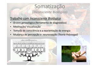 Somatização
(Inconsciente Biológico)
Trabalho com Inconsciente Biológico
• Árvore genealógica (ferramenta de diagnóstico)
• Meditação/ Visualização
• Tomada de consciência e a reorientação da energia
• Mudança de percepção e neurocepção (Teoria Polyvagal)
 