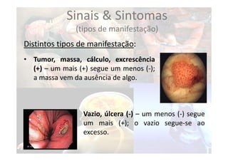 Sinais & Sintomas
(tipos de manifestação)
Distintos tipos de manifestação:
• Tumor, massa, cálculo, excrescência
(+) – um mais (+) segue um menos (‐);
a massa vem da ausência de algo.
• Vazio, úlcera (‐) – um menos (‐) segue
um mais (+); o vazio segue‐se ao
excesso.
 