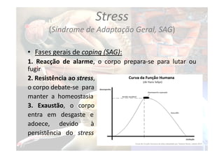 Stress
(Síndrome de Adaptação Geral, SAG)
• Fases gerais de coping (SAG):
1. Reacção de alarme, o corpo prepara‐se para lutar ou
fugir
2. Resistência ao stress,
o corpo debate‐se para
manter a homeostasia
3. Exaustão, o corpo
entra em desgaste e
adoece, devido à
persistência do stress
 