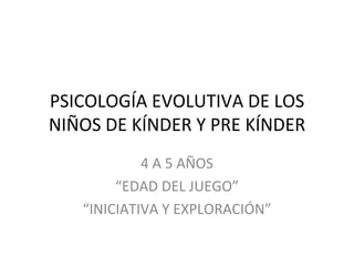PSICOLOGÍA EVOLUTIVA DE LOS
NIÑOS DE KÍNDER Y PRE KÍNDER
            4 A 5 AÑOS
        “EDAD DEL JUEGO”
   “INICIATIVA Y EXPLORACIÓN”
 