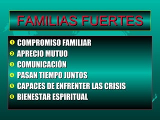FAMILIAS FUERTES COMPROMISO FAMILIAR APRECIO MUTUO COMUNICACIÓN PASAN TIEMPO JUNTOS CAPACES DE ENFRENTER LAS CRISIS BIENESTAR ESPIRITUAL 