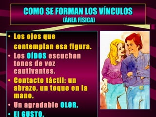 COMO SE FORMAN LOS VÍNCULOS   (ÁREA FÍSICA) Los ojos que contemplan esa figura. Los  OÍDOS   escuchan tonos de voz cautivantes. Contacto táctil: un abrazo, un toque en la mano. Un agradable   OLOR. El GUSTO. 