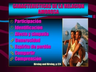 CARACTERISTICAS DE LA RELACION
AMOROSA
 Participación
 Identificación
 Afecto y simpatía
 Generosidad
 Espíritu de perdón
 Compartir
 Comprensión
Hirving and Hirving, p.124
 
