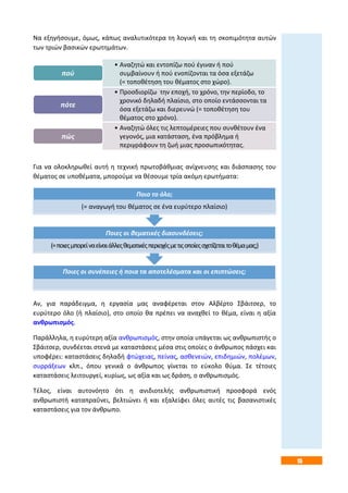 15
Να εξηγήσουμε, όμως, κάπως αναλυτικότερα τη λογική και τη σκοπιμότητα αυτών
των τριών βασικών ερωτημάτων.
Για να ολοκληρωθεί αυτή η τεχνική πρωτοβάθμιας ανίχνευσης και διάσπασης του
θέματος σε υποθέματα, μπορούμε να θέσουμε τρία ακόμη ερωτήματα:
Αν, για παράδειγμα, η εργασία μας αναφέρεται στον Αλβέρτο Σβάιτσερ, το
ευρύτερο όλο (ή πλαίσιο), στο οποίο θα πρέπει να αναχθεί το θέμα, είναι η αξία
ανθρωπισμός.
Παράλληλα, η ευρύτερη αξία ανθρωπισμός, στην οποία υπάγεται ως ανθρωπιστής ο
Σβάιτσερ, συνδέεται στενά με καταστάσεις μέσα στις οποίες ο άνθρωπος πάσχει και
υποφέρει: καταστάσεις δηλαδή φτώχειας, πείνας, ασθενειών, επιδημιών, πολέμων,
συρράξεων κλπ., όπου γενικά ο άνθρωπος γίνεται το εύκολο θύμα. Σε τέτοιες
καταστάσεις λειτουργεί, κυρίως, ως αξία και ως δράση, ο ανθρωπισμός.
Τέλος, είναι αυτονόητο ότι η ανιδιοτελής ανθρωπιστική προσφορά ενός
ανθρωπιστή καταπραΰνει, βελτιώνει ή και εξαλείφει όλες αυτές τις βασανιστικές
καταστάσεις για τον άνθρωπο.
• Αναζητώ και εντοπίζω πού έγιναν ή πού
συμβαίνουν ή πού ενοπίζονται τα όσα εξετάζω
(= τοποθέτηση του θέματος στο χώρο).
πού
• Προσδιορίζω την εποχή, το χρόνο, την περίοδο, το
χρονικό δηλαδή πλαίσιο, στο οποίο εντάσσονται τα
όσα εξετάζω και διερευνώ (= τοποθέτηση του
θέματος στο χρόνο).
πότε
• Αναζητώ όλες τις λεπτομέρειες που συνθέτουν ένα
γεγονός, μια κατάσταση, ένα πρόβλημα ή
περιγράφουν τη ζωή μιας προσωπικότητας.
πώς
Ποιες οι συνέπειες ή ποια τα αποτελέσματα και οι επιπτώσεις;
Ποιες οι θεματικές διασυνδέσεις;
(=ποιεςμπορείναείναιάλλεςθεματικέςπεριοχέςμετιςοποίεςσχετίζεταιτοθέμαμας;)
Ποιο το όλο;
(= αναγωγή του θέματος σε ένα ευρύτερο πλαίσιο)
 
