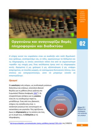 29
Ο στόχος αυτού του κεφαλαίου είναι να αναδείξει κάτι πολύ θεμελιακό:
πώς ορίζουμε, αναπαριστάμε και, εν τέλει, οργανώνουμε τα δεδομένα και
τις πληροφορίες, οι οποίες αποτελούν πλέον ένα από τα σημαντικότερα
«αγαθά» της εποχής μας; Ένας ασύλληπτος όγκος από τις πληροφορίες
αυτές, δομημένος ή μη, χρήσιμος ή μη, αξιοποιήσιμος ή μη, υπάρχει
αναρτημένος, σε ποικίλες μορφές, σε εκατομμύρια δικτυακούς τόπους, τους
οποίους και κατηγοριοποιούμε, ώστε να μπορούμε εύκολα να
αναγνωρίζουμε.
Ορισμοί
Οι ικανότητες ενός ατόμου, ως συνδυασμός γνώσεων,
δεξιοτήτων και στάσεων, αποτελούν βασικό
θεμέλιο για τη μάθηση (όπως ορίζεται στο
Ευρωπαϊκό Πλαίσιο Αναφοράς 2007*
). Οι
επικρατέστερες απόψεις για τις γνώσεις
είναι ότι τις οικοδομούμε παρά τις
μεταδίδουμε. Ένας από τους βασικούς
στόχους της εκπαίδευσης είναι η
κατάκτηση γνώσεων που αντιστοιχούν σε
καταστάσεις και γεγονότα. Πώς σχετίζονται
όμως οι πληροφορίες με τις γνώσεις και πώς,
με τη σειρά τους, τα δεδομένα με τις
πληροφορίες;
*
http://europa.eu/legislation_summaries/education_training_youth/lifelong_learning/c11090_el.htm (στις 31/08/2014)
λίστες
πίνακες
σύνολα
δέντρα
πυραμίδες
χάρτες
Σχήμα 02.1
Δεδομένα και
πληροφορίες
στην κατάκτηση
των γνώσεων
02
Οργανώνω και αναγνωρίζω δομές
πληροφοριών και διαδικτύου
 
