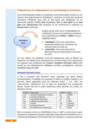 48
Η δημοσίευση των πληροφοριών: σε ποικιλόμορφους ιστότοπους
Για τις δισεκατομμύρια σελίδες του παγκόσμιου ιστού (πόσες άραγε να είναι;), με τον
τεράστιο όγκο ψηφιοποιημένων πληροφοριών, εγείρονται μια σειρά από σημαντικά
ερωτήματα. Εστιάζουμε όμως μόνο σε όσα άμεσα μας ενδιαφέρουν για τις
ερευνητικές εργασίες, δηλαδή ποια πληροφορία, πού, με ποιο τρόπο και σε ποιο
μέσο είναι δημοσιευμένη (άρα μπορούμε να την εντοπίσουμε) ή μπορούμε να
δημοσιεύουμε τη δική μας;
Ακριβώς, λοιπόν, όπως και με τις πληροφορίες και
τα δεδομένα, έτσι και με τον παγκόσμιο ιστό έχουμε
μια συνεχή διπλή ροή «εισόδου»-«εξόδου» και μια
αμφίδρομη σχέση:
 «παραλήπτη», όπου εμείς, μέσα από τις
προσωπικές επιλογές μας, εντοπίζουμε και
αντλούμε πηγές και υλικό, και
 «αποστολέα», όπου εμείς, μέσα από τις
δραστηριότητές μας, δημιουργούμε νέες πηγές
και υλικό.
Για τους στόχους του κεφαλαίου αυτού θα παραμείνουμε μόνο σε θέματα του
διαδικτύου που αφορούν στην αξιοποίησή τους, ως πηγών υλικού, και τη δημοσίευση
των εργασιών μας, εστιάζοντας στις διάφορες κατηγορίες δικτυακών τόπων (sites
γενικά) και στα χαρακτηριστικά ιστότοπων (συνήθως μεταφράζονται websites),
ιστολογίων (blogs) και wikis.
Κατηγορίες δικτυακών τόπων
Η ίδια η ονομασία ενός δικτυακού τόπου εμπεριέχει μια πρώτη βασική
κατηγοριοποίηση. Η κατάληξη της ονομασίας (ή αλλιώς το επίθεμα, δηλαδή οι 2-4
λατινικοί, πάντα, χαρακτήρες μετά την τελευταία τελεία ".", π.χ. ".edu" στο
"www.xxx.edu), υποδηλώνουν είτε το είδος του οργανισμού (π.χ. εκπαιδευτικό
ίδρυμα, εταιρία κλπ) είτε τη χώρα προέλευσης (όπως φαίνεται στις στήλες του
παρακάτω πίνακα).
Επίθεμα Οργανισμός Επίθεμα Χώρα
.com εμπορικός οργανισμός, εταιρεία .gr Ελλάδα
.edu εκπαιδευτικό ίδρυμα .uk ΗΒ
.eu ευρωπαϊκός οργανισμός .us ΗΠΑ
.gov κυβερνητικός οργανισμός .fr Γαλλία
.mil στρατός .de Γερμανία
.net οργανισμοί δικτύων .nl Ολλανδία
.org μη κερδοσκοπικός οργανισμός .it Ιταλία
Από τις κατηγορίες αυτές οι πιο διαδεδομένες είναι οι ".com", οι οποίες έχουν κυρίως
ενημερωτικό, ψυχαγωγικό, εμπορικό χαρακτήρα, χωρίς φυσικά να αποκλείεται και το
επιστημονικό περιεχόμενο. Οι δικτυακοί τόποι που μπορούμε, με σχετικά μεγαλύτερη
 