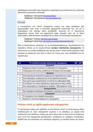 68
απαλλαγμένο από κάθε τύπου διακρίσεις, μεροληψίες και στερεότυπα (π.χ. φυλετικά,
εθνικιστικά, ρατσιστικά, σεξιστικά).
Παράδειγμα 1: Αντικειμενικό: http://www.seilias.gr
Παράδειγμα 2: Μη αντικειμενικό: http://www.hellasarmy.gr
Επίκαιρο
Η επικαιρότητα του υλικού αναφέρεται κυρίως στο πόσο πρόσφατα έχει
δημιουργηθεί, ποια είναι η τελευταία ημερομηνία ανανέωσής του, και αν οι
πληροφορίες που περιέχει έχουν μεταβληθεί. Εννοείται ότι οι περιπτώσεις
διαχρονικού υλικού (από την αρχαιότητα μέχρι σήμερα) είναι και οι πλέον
πολυπληθείς, αλλά θα πρέπει να ελέγχονται ως προς την αντιστοιχία περιεχομένου.
Παράδειγμα 1: Επίκαιρο: http://www.scoop.it/t/gredu
Παράδειγμα 2: Μη Επίκαιρο: http://hanlib.sou.edu/searchtools/searchtips.html
Όλα τα προηγούμενα, μπορούμε να τα καταλογογραφήσουμε, δημιουργώντας τον
παρακάτω πίνακα με τα σημαντικότερα κριτήρια αξιολόγησης περιεχομένου, τα
οποία και με τη συνεχή ενασχόλησή μας, θα μας γίνουν κτήμα και θα μπορούμε πολύ
γρήγορα να ελέγχουμε ποιο από το υλικό των πηγών μας, είναι κατάλληλο για την
εργασία μας!
Επιλέγω υλικό: με σχέδιο οργάνωσης περιεχομένου
Το προηγούμενο βήμα μάς εφοδίασε με ένα πλούσιο υλικό, το οποίο έχουμε πλέον
αποθηκευμένο σε έναν επεξεργαστή κειμένου ή σε φακέλους με αρχεία στον
υπολογιστή ή στο διαδίκτυο. Στόχος μας είναι πλέον από το υλικό αυτό να επιλέξουμε
μόνο αυτό που πραγματικά χρειαζόμαστε, ανεξάρτητα αν υπάρχουν επικαλύψεις.
Δηλαδή από την κατάσταση του αριστερού σχήματος, με ποικιλία πηγών και υλικού,
α/α Τα πιο βασικά κριτήρια αξιολόγησης περιεχομένου ΝΑΙ ΟΧΙ
Εγκυρότητα
1 Αναφέρονται στοιχεία «ταυτότητας» του δημιουργού του περιεχομένου;
2 Ο δημιουργός είναι γνωστός, συνδέεται με το αντικείμενο ή με έναν φορέα;
Αξιοπιστία
3 Είναι ευκρινής και κατανοητή η οργάνωση και παρουσίαση του υλικού;
4 Είναι προσεγμένο, ευανάγνωστο με οπτικο-ακουστική ευκρίνεια;
5 Έχει κείμενα χωρίς σημασιολογικά, συντακτικά και ορθογραφικά λάθη;
6 Οι σύνδεσμοι του υλικού παραπέμπουν οργανωμένα σε άλλες σελίδες;
7 Είναι τεκμηριωμένες οι πληροφορίες με αναφορές – βιβλιογραφία σε πηγές
Αντικειμενικότητα
8 Έχει περιεχόμενο απαλλαγμένο από διακρίσεις, μεροληψία, προπαγάνδα;
Επικαιρότητα
9 Το περιεχόμενο είναι πρόσφατα ανανεωμένο;
10 Δηλώνεται η τελευταία ενημέρωση του περιεχομένου;
 