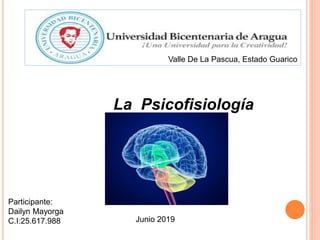 Participante:
Dailyn Mayorga
C.I:25.617.988 Junio 2019
Valle De La Pascua, Estado Guarico
La Psicofisiología
 