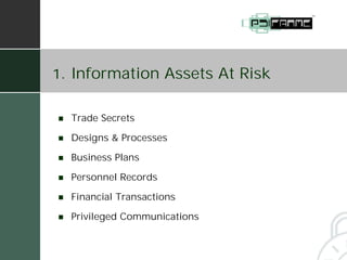 1. Information Assets At Risk


!   Trade Secrets

!   Designs & Processes

!   Business Plans

!   Personnel Records

!   Financial Transactions

!   Privileged Communications
 