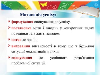Мотивація успіху:
 формування спонукання до успіху.
 постановка мети і завдань у конкретних видах
поведінки та в житті загалом.
 потяг до знань.
 виховання впевненості в тому, що з будь-якої
ситуації можна знайти вихід.
 спонукання до успішного розв’язання
проблемної ситуації.
 