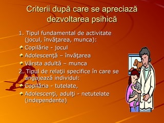 Criterii după care se apreciazăCriterii după care se apreciază
dezvoltarea psihicădezvoltarea psihică
1. Tipul fundamental de activitate1. Tipul fundamental de activitate
(jocul, învăţarea, munca):(jocul, învăţarea, munca):
Copilărie - joculCopilărie - jocul
Adolescenţă – învăţareaAdolescenţă – învăţarea
Vârsta adultă – muncaVârsta adultă – munca
2. Tipul de relaţii specifice în care se2. Tipul de relaţii specifice în care se
angajează individul:angajează individul:
Copilăria - tutelate,Copilăria - tutelate,
Adolescenţi, adulţi - netutelateAdolescenţi, adulţi - netutelate
(independente)(independente)
 