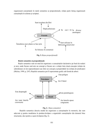 101
organizează cunoştinţele în reţele semantice şi propoziţionale, relaţia parte întreg organizează
cunoştinţele în scheme şi scripturi.
Reţele semantice şi propoziţionale
Reţele semantice sunt un mod de organizare a cunoştinţelor declarative pe bază de noduri
şi arce, unde fiecare nod este un concept şi fiecare arc o relaţie între două concepte (relaţie de
subordonare ori de supraordonare) sau între un concept şi proprietăţile lui (relaţia de predicaţie)
(Miclea, 1999, p. 247). Reţelele semantice pot fi reprezentate grafic sub formă de arbori.
Fig. 2. Reţea semantică
Reţelele semantice descriu modul de organizare a cunoştinţelor în memorie, dar sunt
adecvate şi pentru modelarea în predare-învăţare a organizării cunoştinţelor din domenii bine
structurate, deci pentru a uşura învăţarea (fig. 2).
Este paralelogram
Are toate laturile
congruente
Patrulater
Este poligon
Are laturile opuse
congruente
Pătrat
Este dreptunghi
Romb
Are 4 laturi
Sunt rezultate din flori
Se folosesc în cosmetică
Se coc
Sunt utilizate în
fabricarea conservelor
Fructele
În diverse
anotimpuri
Înmulţirea unor plante se face prin
După polenizare
Fig. 3. Reţea propoziţională
 
