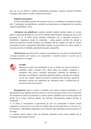 126
uşor sau ce este dificil) şi strategii metacognitive particulare, specifice anumitor discipline
(exemplu: criterii pentru a verifica soluţiile unei ecuaţii).
Reglările metacognitive
Pe baza cunoştinţelor rezultate din sursele de mai sus, se desfăşoară trei operaţii de reglare
(tab. 1) anticiparea sau planificarea, controlul sau monitorizarea şi reorganizarea ori ajustarea
(Allal & Saada-Robert, 1992).
Anticiparea sau planificarea cuprinde acţiunile mentale derulate înainte de sarcină,
pentru a reprezenta produsul pe care elevul îl aşteaptă după finalizare, strategiile pe care acesta
presupune că le va utiliza pentru realizarea produsului, dar şi detectarea lacunelor, a
dificultăţilor, imaginarea situaţiei de soluţionare – reacţii, gesturi, activităţi. Se anticipă şi
obiectivele personale privind învăţarea sau atitudinea faţă de învăţare sau faţă de sarcină,
cunoştinţele necesare şi disponibile, dificultăţile cognitive şi socio-afective în sarcini similare şi
la sarcina curentă ori abilităţile, procedurile necesare şi disponibile.
Monitorizarea este demersul de verificare a procedurilor pe care elevul le utilizează chiar
în timpul rezolvării unei sarcinii şi de autoevaluare a factorilor afectivi şi sociali care îl
influenţează pozitiv ori negativ.
Exemple
Operaţia de control este desfăşurată de elev în funcţie de sarcina concretă în
modalităţi variate: rezumare într-o frază, găsire de exemple, comparare a
enunţurilor unor sarcini, explicaţii, argumentări, schimburi de informaţii şi
proceduri cu coechipierii, compararea propriului produs cu produse ale colegilor
sau ale unor experţi, căutarea de greşeli în produsele altor persoane, aprecierea
produselor acestora sau completarea lor, anticiparea notei, a calificativului pe
care elevul crede că îl va primi.
Reorganizarea apare ca urmare a constatării unor lacune în planul cunoştinţelor ori al
procedurilor de care depinde efectuarea sarcinii şi constă în ajustarea acestora. Ea cere informaţii
din disciplina de studiu sau informaţii cu caracter general, dobândite prin activitate proprie sau
primite de la colegi, profesori, părinţi, alte persoane. Reorganizarea impune elevului să
întreprindă:
• un bilanţ al cunoştinţelor şi procedurilor pe care le-a achiziţionat la finalul sarcinii
comparativ cu cele pe care le avea deja (ce a înţeles bine sau mai puţin bine, ce a fost util, ce a
fost necesar), a dificultăţilor întâmpinate sau un bilanţ pe baza întrebărilor emise de profesor ori
de colegi;
• evaluarea stărilor afective trăite sau influenţa contextului social asupra modului său de
funcţionare intelectuală în sarcină;
 