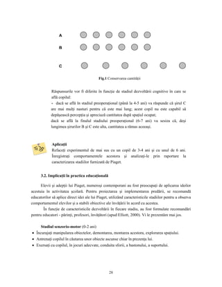 28
Răspunsurile vor fi diferite în funcţie de stadiul dezvoltării cognitive în care se
află copilul:
- dacă se află în stadiul preoperaţional (până la 4-5 ani) va răspunde că şirul C
are mai mulţi nasturi pentru că este mai lung; acest copil nu este capabil să
depăşească percepţia şi apreciază cantitatea după spaţiul ocupat;
dacă se află la finalul stadiului preoperaţional (6-7 ani) va sesiza că, deşi
lungimea şirurilor B şi C este alta, cantitatea a rămas aceeaşi.
Aplicaţii
Refaceţi experimentul de mai sus cu un copil de 3-4 ani şi cu unul de 6 ani.
Înregistraţi comportamentele acestora şi analizaţi-le prin raportare la
caracterizarea stadiilor furnizată de Piaget.
3.2. Implicaţii în practica educaţională
Elevii şi adepţii lui Piaget, numeroşi contemporani au fost preocupaţi de aplicarea ideilor
acestuia în activitatea şcolară. Pentru proiectarea şi implementarea predării, se recomandă
educatorilor să aplice direct idei ale lui Piaget, utilizând caracteristicile stadiilor pentru a observa
comportamentul elevilor şi a stabili obiective ale învăţării în acord cu acestea.
În funcţie de caracteristicile dezvoltării în fiecare stadiu, au fost formulate recomandări
pentru educatori - părinţi, profesori, învăţători (apud Elliott, 2000). Vi le prezentăm mai jos.
Stadiul senzorio-motor (0-2 ani)
• Încurajaţi manipularea obiectelor, demontarea, montarea acestora, explorarea spaţiului.
• Antrenaţi copilul în căutarea unor obiecte ascunse chiar în prezenţa lui.
• Exersaţi cu copilul, în jocuri adecvate, conduita sforii, a bastonului, a suportului.
A
B
C
Fig.1 Conservarea cantităţii
 